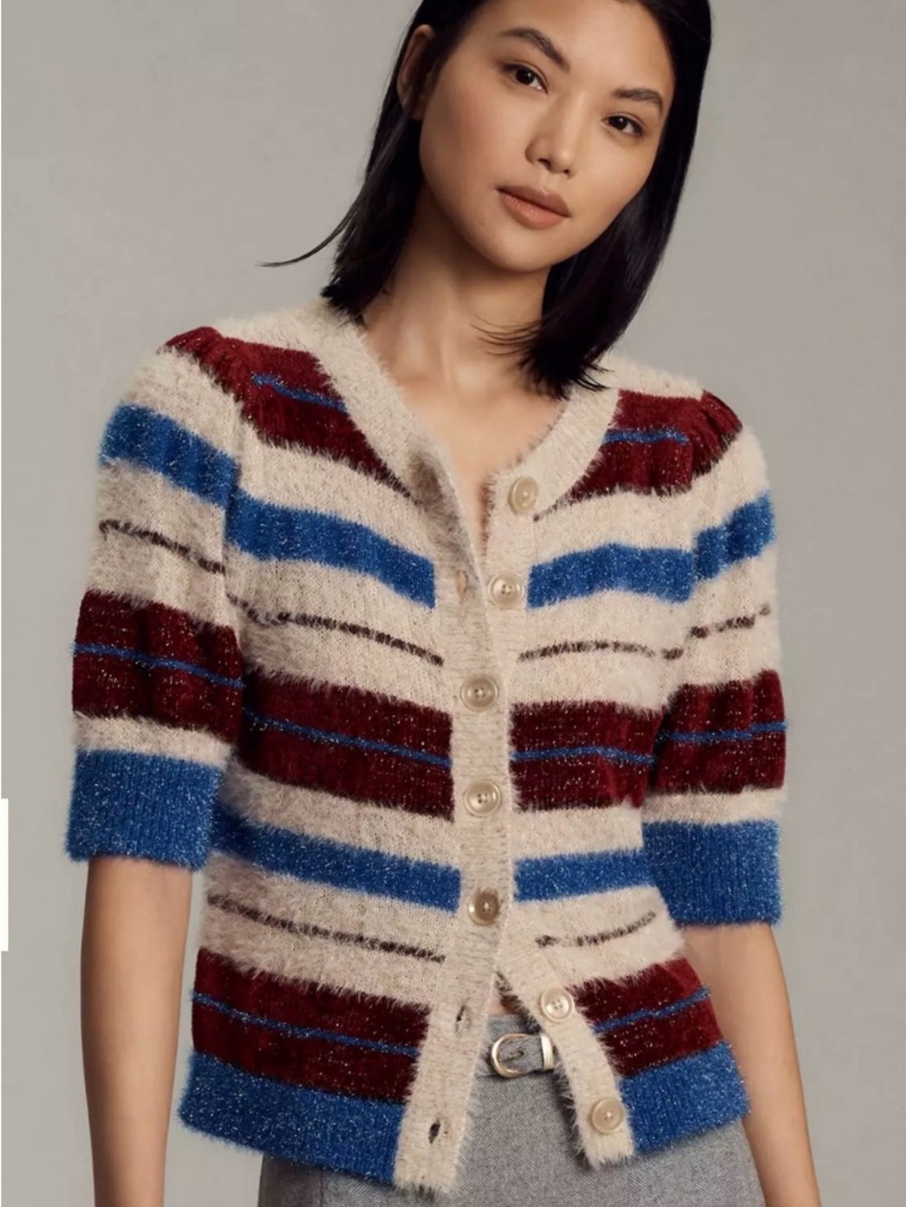 Mauve Striped Fuzzy Button-Front Cardigan - Cream, Blue & Burgundy